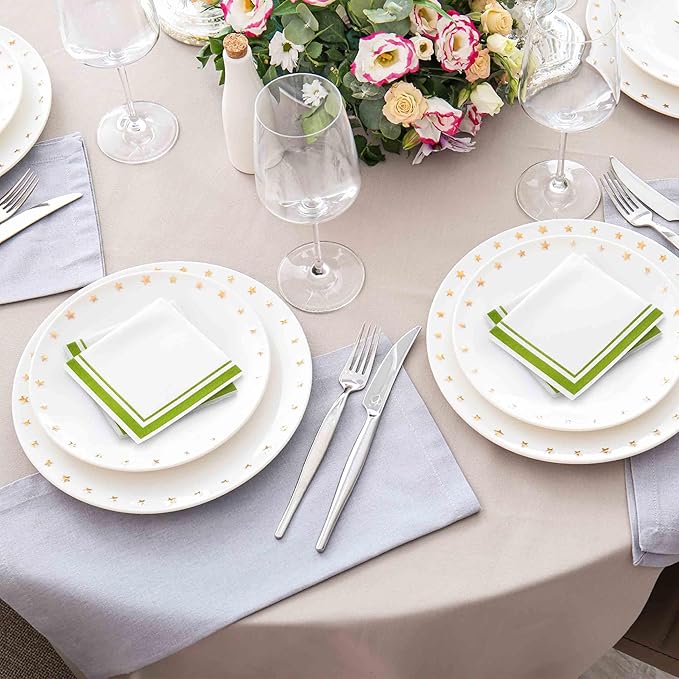Gift Boutique Light Green and White Cocktail Napkins – 120 Pack 5 x 5 Inch 3-Ply Disposable Lined Beverage Napkins for Parties, Weddings, Events, and Everyday Use
