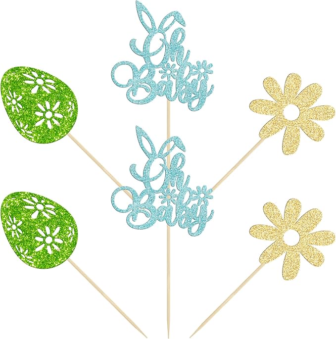 24 Pcs Oh Baby Cupcake Toppers - Blue Glitter Babyshower Cake Picks - Happy Easter Bunny & Spring Theme Boy Birthday Party Decorations