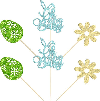 24 Pcs Oh Baby Cupcake Toppers - Blue Glitter Babyshower Cake Picks - Happy Easter Bunny & Spring Theme Boy Birthday Party Decorations