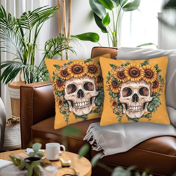 Sugar Skull Throw Pillow Covers 18x18 Set of 2 | Decorative Cushion Cases for Couch, Sofa and Bedroom | Day of The Dead Gifts for Women | Modern Mexican Pillowcases for Home Decor