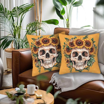 Sugar Skull Throw Pillow Covers 18x18 Set of 2 | Decorative Cushion Cases for Couch, Sofa and Bedroom | Day of The Dead Gifts for Women | Modern Mexican Pillowcases for Home Decor