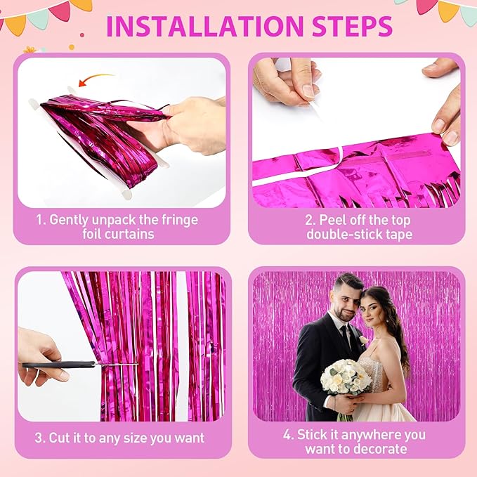 Hot Pink Tinsel Backdrop Foil Fringe Curtains - 2 Packs Door Streamers Backdrop for Birthday Door Decorations, Party Supplies for Bachelorette, Graduation, Christmas, Disco Decor
