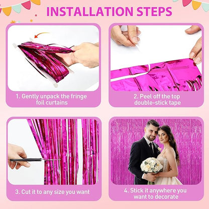 Hot Pink Tinsel Backdrop Foil Fringe Curtains - 2 Packs Door Streamers Backdrop for Birthday Door Decorations, Party Supplies for Bachelorette, Graduation, Christmas, Disco Decor