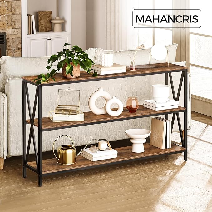 55" Sofa Table, Industrial Console Table, 3-Tier Narrow Side Table with Open Shelves, Foyer Table for Entryway, Hallway, Kitchen, Living Room and Bedroom, Rustic Brown CTHR80401