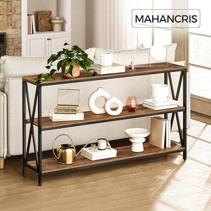 55" Sofa Table, Industrial Console Table, 3-Tier Narrow Side Table with Open Shelves, Foyer Table for Entryway, Hallway, Kitchen, Living Room and Bedroom, Rustic Brown CTHR80401