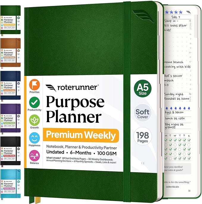 Roterunner Purpose Planner Notebook A5 5.8”x8.3” Undated 2026 Daily Weekly and Monthly Productivity Goal Setting Tool for Work Home ADHD Planner for Adults Self Care Journal (Green Softcover)
