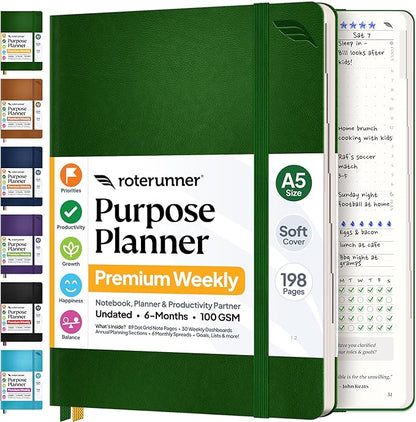 Roterunner Purpose Planner Notebook A5 5.8”x8.3” Undated 2026 Daily Weekly and Monthly Productivity Goal Setting Tool for Work Home ADHD Planner for Adults Self Care Journal (Green Softcover)