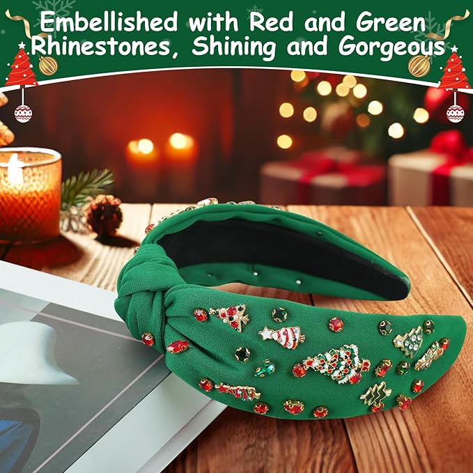 Christmas Headbands for Women, Green Knotted Jeweled Crystal Xmas Headband with Xmas Tree and Rhinestones - Christmas Gifts for Women, Holiday Hair Accessories for Xmas Outfits