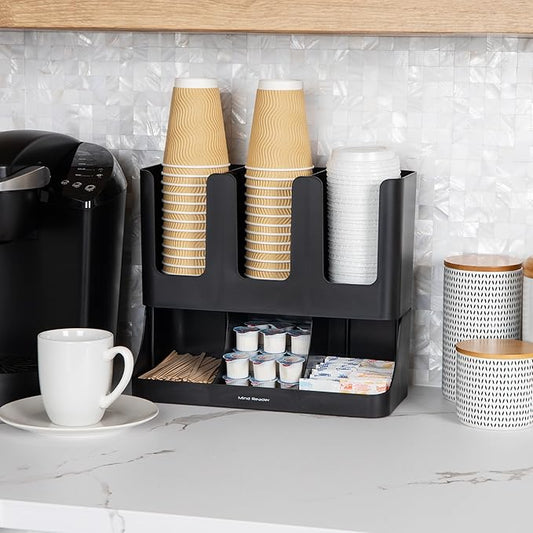 Mind Reader Cup and Condiment Station, Countertop Coffee Bar Organizer with 6 Compartments, Storage Caddy for Cups Lids and Packets, Plastic, Black