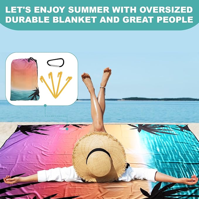 Beach Blanket Waterproof Sandrproof Large Beach Mat 79" X 118" for 2-8 Adults Quick Drying Outdoor Picnic Mat 4 Stakes & 4 Corner Pockets for Travel Picnic Camping Hiking （Gradient Sky&Sea）