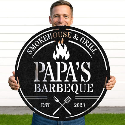 Personalized BBQ Corner Metal Sign, Custom Grill Name Cut Wall Art for Outdoor Kitchen, Rustic Patio and Backyard Gift