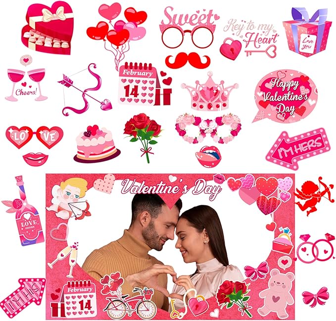24 Pcs Valentine's Day Photo Booth Props Decor, Valentine's Day Photo Prop Frame and 23 Pcs Valentine Day Photo Booth Props for Happy Valentines Themed Party Supplies Decoration