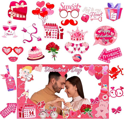 24 Pcs Valentine's Day Photo Booth Props Decor, Valentine's Day Photo Prop Frame and 23 Pcs Valentine Day Photo Booth Props for Happy Valentines Themed Party Supplies Decoration