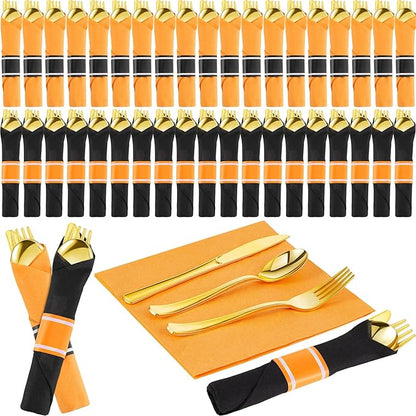 Lasnten 50 Pcs Pre-rolled Halloween Plastic Silverware Set Gold Disposable Plastic Cutlery Set with 50 Orange Black Napkins, 50 Knives, 50 Forks and 50 Spoons for Halloween Parties