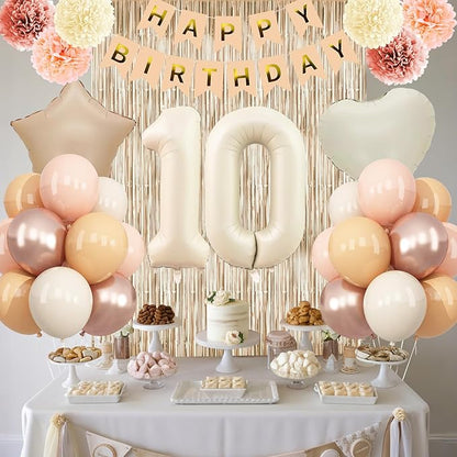 Beige 10th Birthday Decorations Girls Boys Cream Number 10 Balloon Nude Gold Happy Birthday Banner Fringe Curtain Paper Pom Poms Blush White Sand Champagne Star Foil Balloons Neutral Boho Party Decor