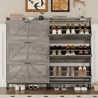 Shoe Cabinet with 3 Flip Drawers Narrow Shoe Storage Cabinet Organizer Wooden Freestanding Shoe Rack Hidden Slim Shoes Storage Cabinet for Entryway, Hallway, Living Room, Bedroom