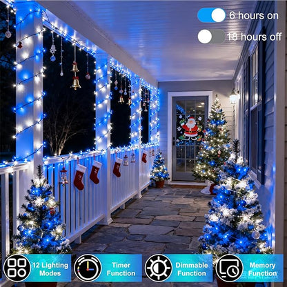 340 LED 90FT Christmas String Lights Outdoor, 12 Pro Modes and Timer Memory & Brightness, Plug in Outdoor Waterproof Clear Wire Twinkle Light for for Xmas Yard Tree Wedding Party Decor (Blue & White)