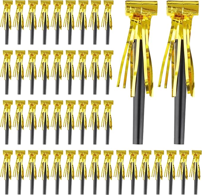 100Pcs New Years Noise Makers Party Favors, Metallic Fringed Party Blowers, Gold New Years Eve Supplies Party Horns NYE Blowers for Adults Women Men Eve Family Gathering