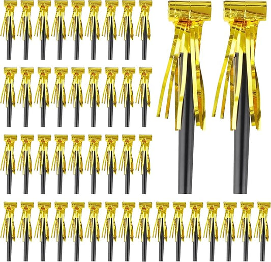 100Pcs New Years Noise Makers Party Favors, Metallic Fringed Party Blowers, Gold New Years Eve Supplies Party Horns NYE Blowers for Adults Women Men Eve Family Gathering
