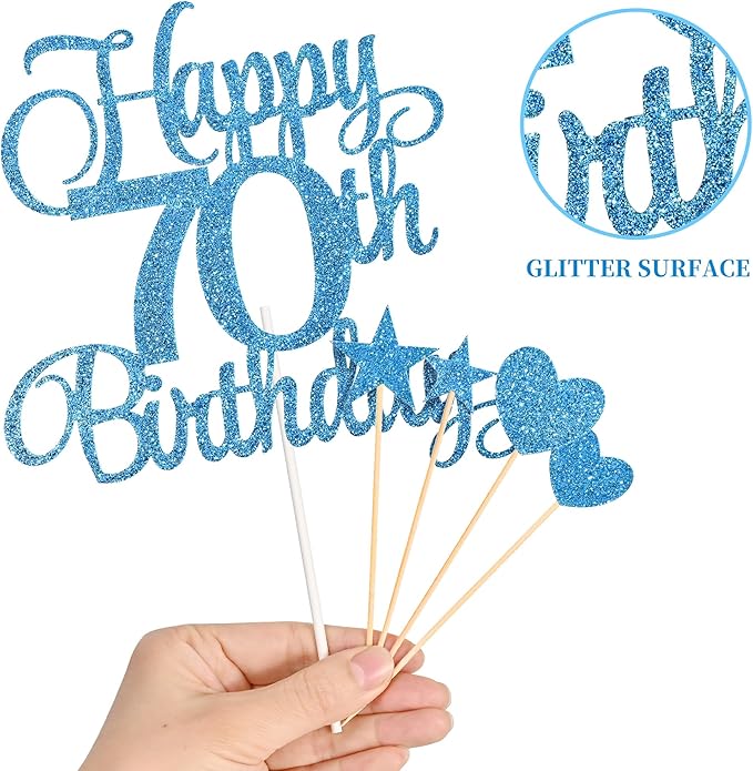 70th Birthday Cake Decorations, 70th Birthday Candles Cake Numeral Candles and Glitter Happy 70th Birthday Cake Toppers Set for Birthday Party Supplies (Blue)