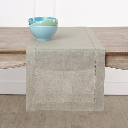 Solino Home Linen Natural Table Runner 144 Inches Long - 100% Pure Linen Extra Long Table Runner 14 x 144 Inch for Fall, Autumn, Christmas, New Year - Classic Hemstitch
