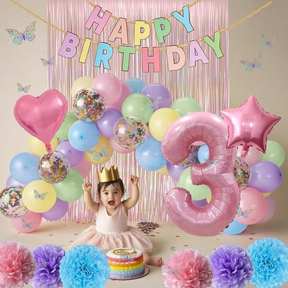 Pastel 3rd Birthday Party Decorations for Girls Number 3 Balloon Happy Birthday Banner Butterfly Stickers Fringe Curtain Paper Pom Poms Macaron Pink Star Heart Foil Colorful Balloons 3 Year Old Decor