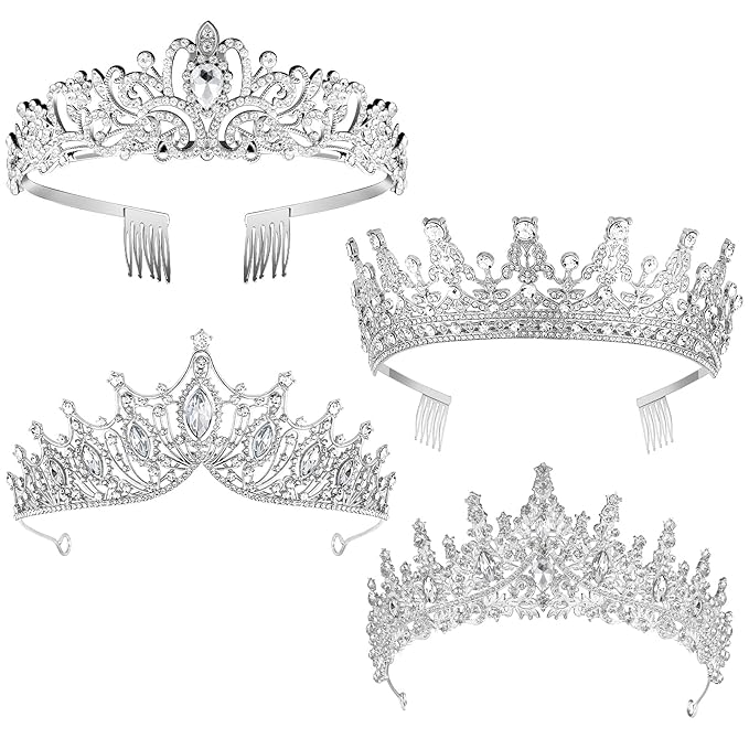 Kigeli 4 Pack Queen Crowns for Women Pageant Crown with Combs Princess Rhinestones Tiara Headband Prom Tiara for Quinceanera Birthday Cosplay Wedding(Silver)