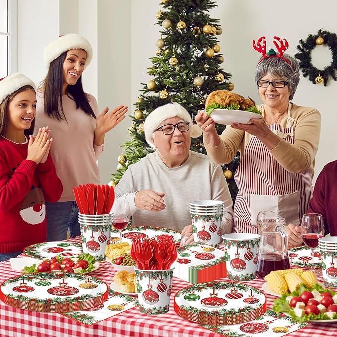 Christmas Paper Plates and Napkins,144pcs Xmas Ball Christmas Plates Disposable Party Set Christ mas Dinnerware Set for Winter Xmas Holiday,Serves 24