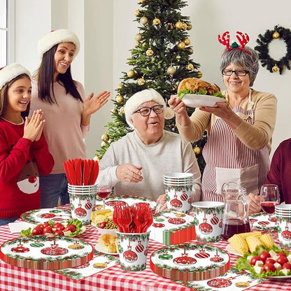 Christmas Paper Plates and Napkins,144pcs Xmas Ball Christmas Plates Disposable Party Set Christ mas Dinnerware Set for Winter Xmas Holiday,Serves 24