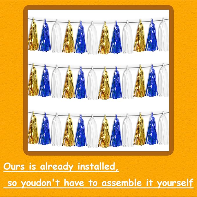 3 Pack Navy-Blue White and Gold Tassel Banner Garland Metallic Foil Fringe Banner Tinsel Tassels Streamer Banner Backdrop for Parade Floats, 2025 Graduation, Retirement Party Decoratio