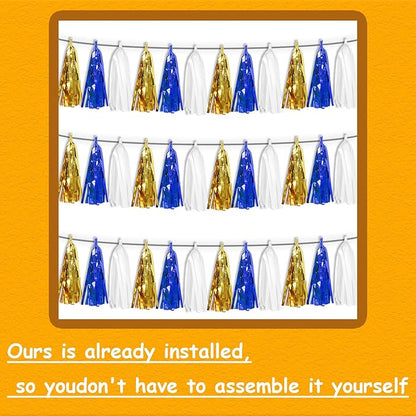 3 Pack Navy-Blue White and Gold Tassel Banner Garland Metallic Foil Fringe Banner Tinsel Tassels Streamer Banner Backdrop for Parade Floats, 2025 Graduation, Retirement Party Decoratio