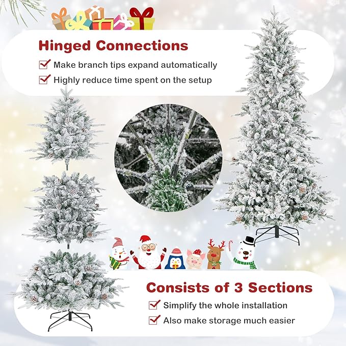 GOFLAME 7.5FT Pre-Lit Christmas Tree Snow Flocked, Hinged Artificial Xmas Tree with 1107 Branch Tips, 47 Natural Pine Cones, 350 Warm White Incandescent Lights, Holiday Decoration Tree for Home Office