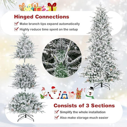 GOFLAME 7.5FT Pre-Lit Christmas Tree Snow Flocked, Hinged Artificial Xmas Tree with 1107 Branch Tips, 47 Natural Pine Cones, 350 Warm White Incandescent Lights, Holiday Decoration Tree for Home Office