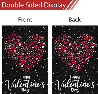 Heyfibro Happy Valentine's Day Garden Flag 12 x 18 Inch Double Sided Burlap, Love Heart Yard Flag Valentine’s Party Supplies for Anniversary Wedding Home Outdoor Decoration (ONLY FLAG)