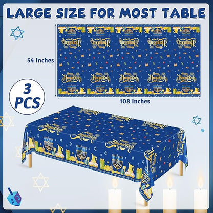 3 PCS Hanukkah Decorations, 108" x 54" Blue Gold Hanukkah Tablecloth, Disposable Happy Chanukkah Plastic Tablecloth, Lights Candles Design Rectangle Chanukkah Tablecovers for Jewish Festival Supplies