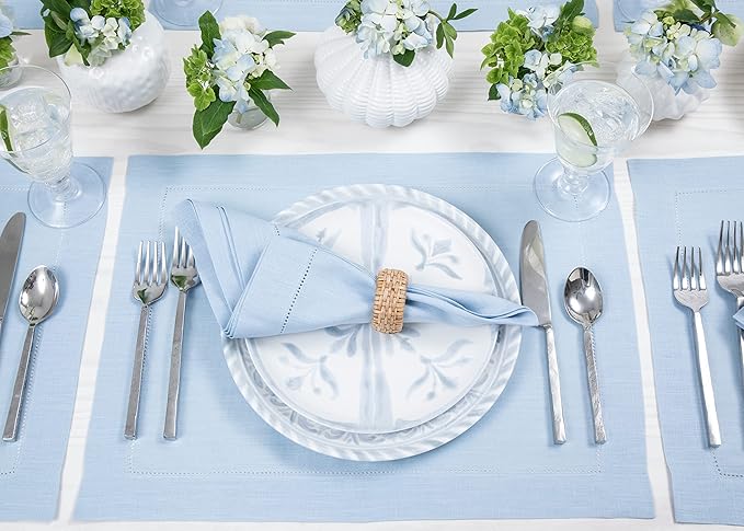 Solino Home Sky Blue Linen Napkins Set of 4-100% Pure Linen Hemstitch Dinner Napkins 20 x 20 Inch for Holiday, Christmas, New Year - Classic Hemstitch