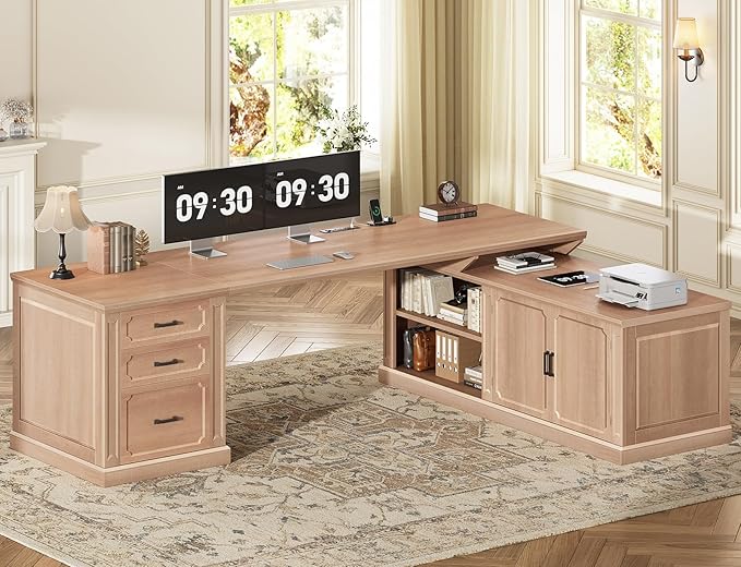 SEDETA Farmhouse L Shaped Desk with Drawers, 70.9" Home Office Desk with Storage Cabinet and Storage Shelves, L Shaped Computer Desk with Power Outlet，Oak