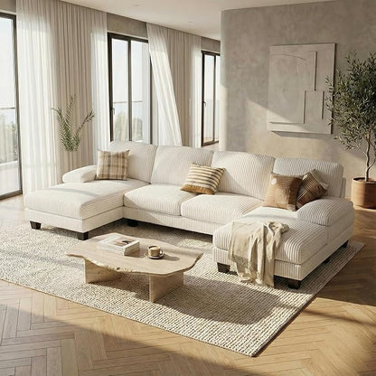 Homall Modular Sectional U Shaped Sofa Couches for Living Room, Comfy Chenille 4 Seat Sofa Set with Removable Pillows, Lounge Chaise Upholstered Couch for Apartment (Corduroy, Beige)