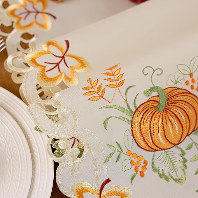 Joyfol Day Autumn Thanksgiving Table Runner 14 x 86 Inch, Cutwork Embroidered Pumpkin Maple Leaves Dresser Scarf, Seasonal Fall Table Runner for Kitchen Dining Harvest Party Decor