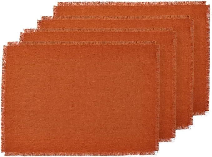 Solino Home Fringe Linen Placemats Set of 4-14 x 19 Inch Placemats Cinnamon - 100% Pure Linen Table Mats for Fall, Autumn - Handcrafted and Machine Washable