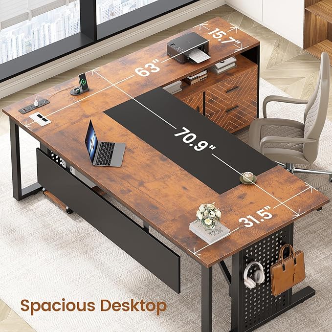 SEDETA 71" Executive Desk with Rolling File Cabinet, Large Office Desk with Drawers, L Shaped Computer Desk with Power Outlets, CPU Stand, Pegboard and Storage Shelves, Rustic Brown