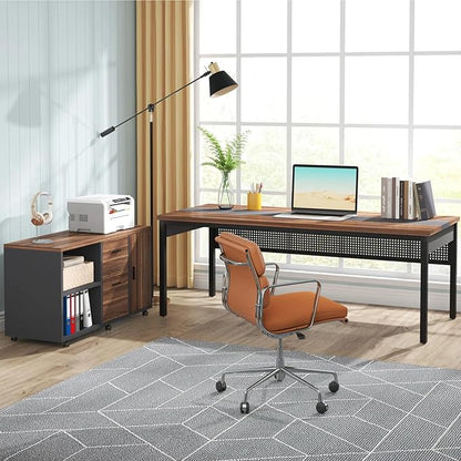 Tribesigns 71 inch Executive Desk, L-Shaped Desk with Mobile File Cabinet, Executive Office Table with 2 Drawers and Storage Shelves, Business Furniture Workstation for Home Office, Walnut and Black