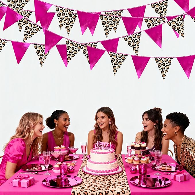 Hot Pink Leopard Print Pennant Banner Flag Hanging Paper Triangle Bunting for Cheetah Print Leopard Theme Birthday Baby Shower Wedding Bachelorette Engagement Bridal Shower Party Decorations Supplies