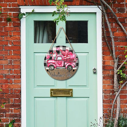 Valentines Day Door Sign for Front Door Farmhouse Pink Truck Hearts Wood Hanger 12"x12" Buffalo Plaid Check Heart Outdoor Outside Porch Decor Happy Valentines Wreath Pediment Plaque Wall Hanging