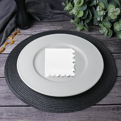 200 Pack White and Silver Paper Napkins Scalloped Cocktail Napkins White Disposable Beverage Napkins for Birthday Baby Shower Wedding Party Supplies Dinnerware Tableware Decorations