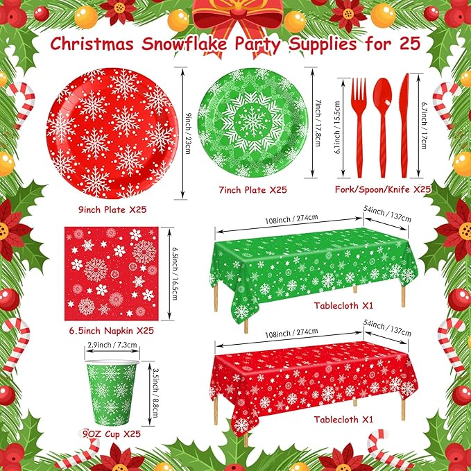 Christmas Party Supplies Tableware Set Serves 25, Winter Christmas Decorations Xmas Theme Paper Plates Cup Napkins Snowflake Tablecloth Red Plastic Cutlery