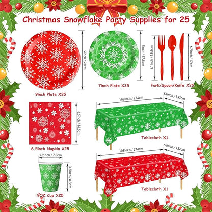 Christmas Party Supplies Tableware Set Serves 25, Winter Christmas Decorations Xmas Theme Paper Plates Cup Napkins Snowflake Tablecloth Red Plastic Cutlery