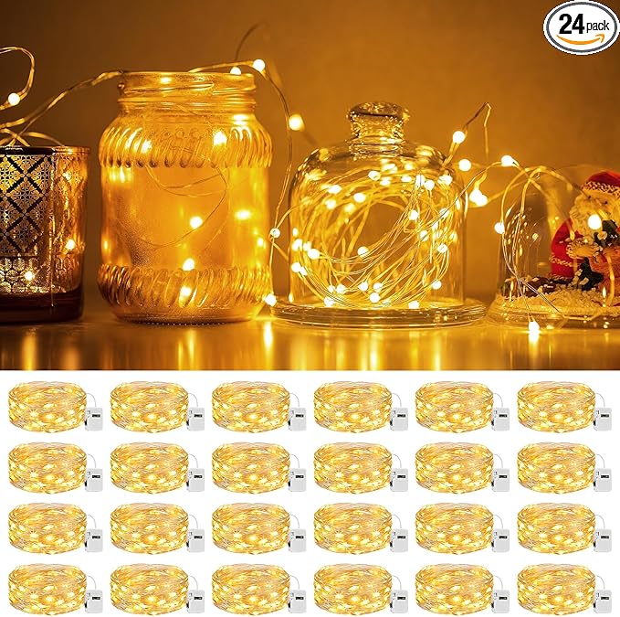 litogo 24 Pack 7FT 20 LED Fairy Lights Battery Operated, 3 Lighting Modes, Bulk Mini Twinkle String Lights Waterproof Silver Wire for Weddings Mason Jars Party Christmas Decorations-Warm White