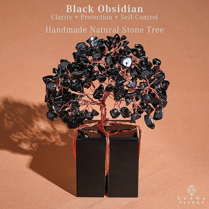 Crystal Tree of Life Feng Shui Decor for Home and Office, Blask Obsidian Chakra Healing Crystal Handmade Tree for Positive Energy, Money, Good Luck, Christmas Decor, Birthday Gifts for Women