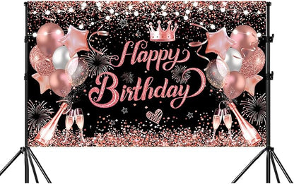 YinQin 180x120 cm Glitter Rose Golden Happy Birthday Party Backdrops Cloth 71x47 inch Pink Golden Bday Photography Backgrounds Black Rose Gold Happy Birthday Sign Banner Decorations for Girl Women